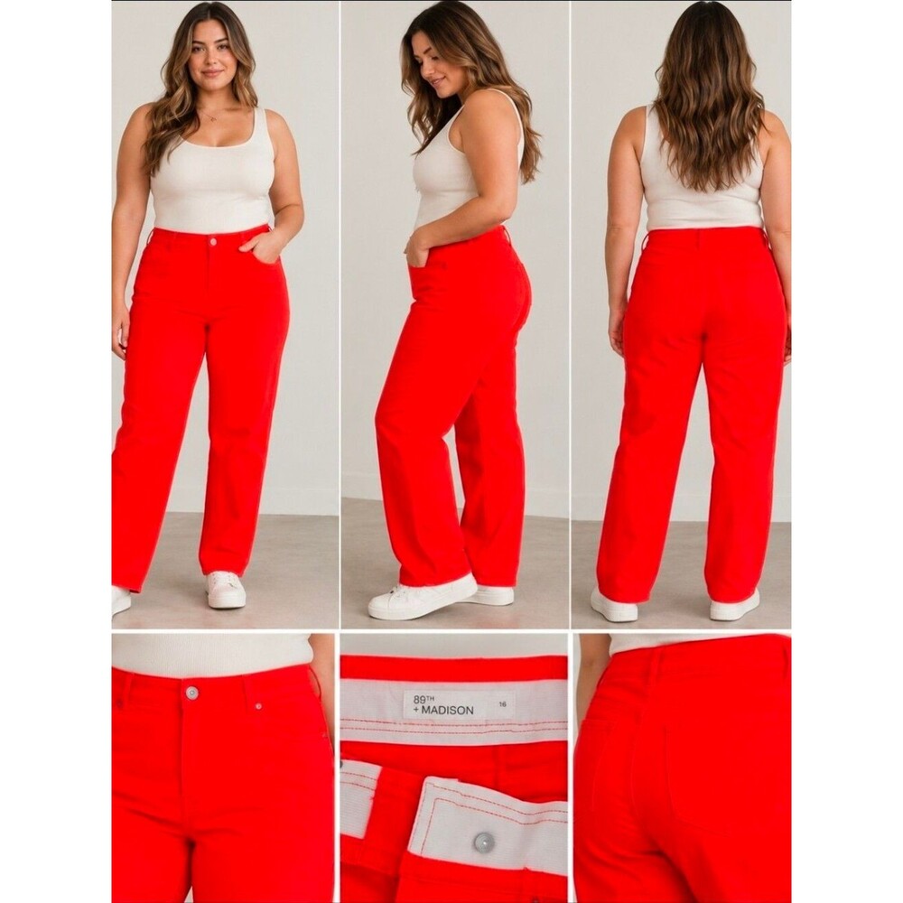 89th + Madison Women's Size 16 Coral Red Straight Leg Jeans Elastic Waist NWT